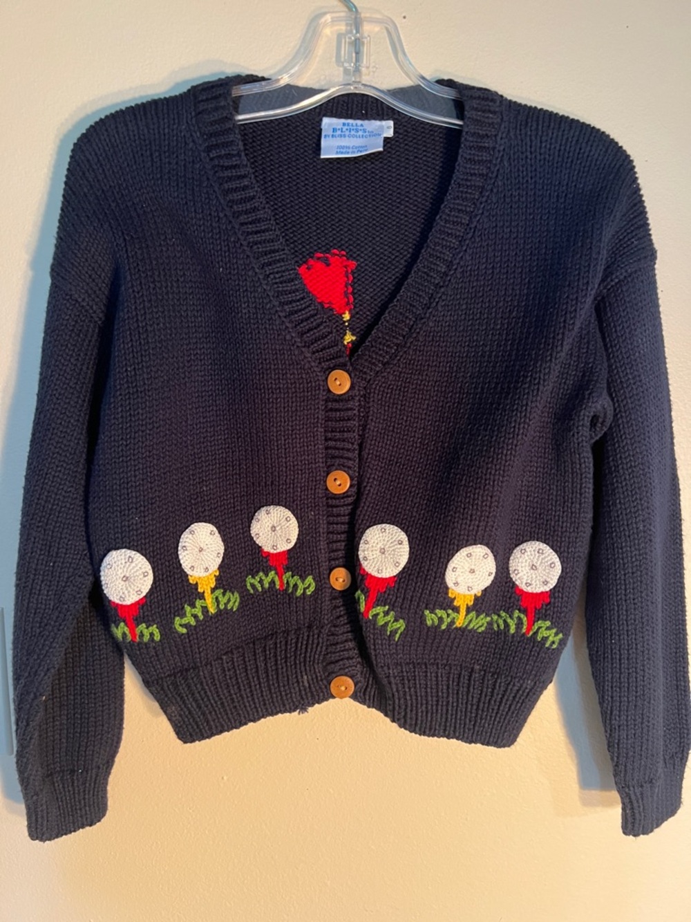 Vintage Bella Bliss Navy Knit Cardigan with Red, White and Green Golf Embroidery